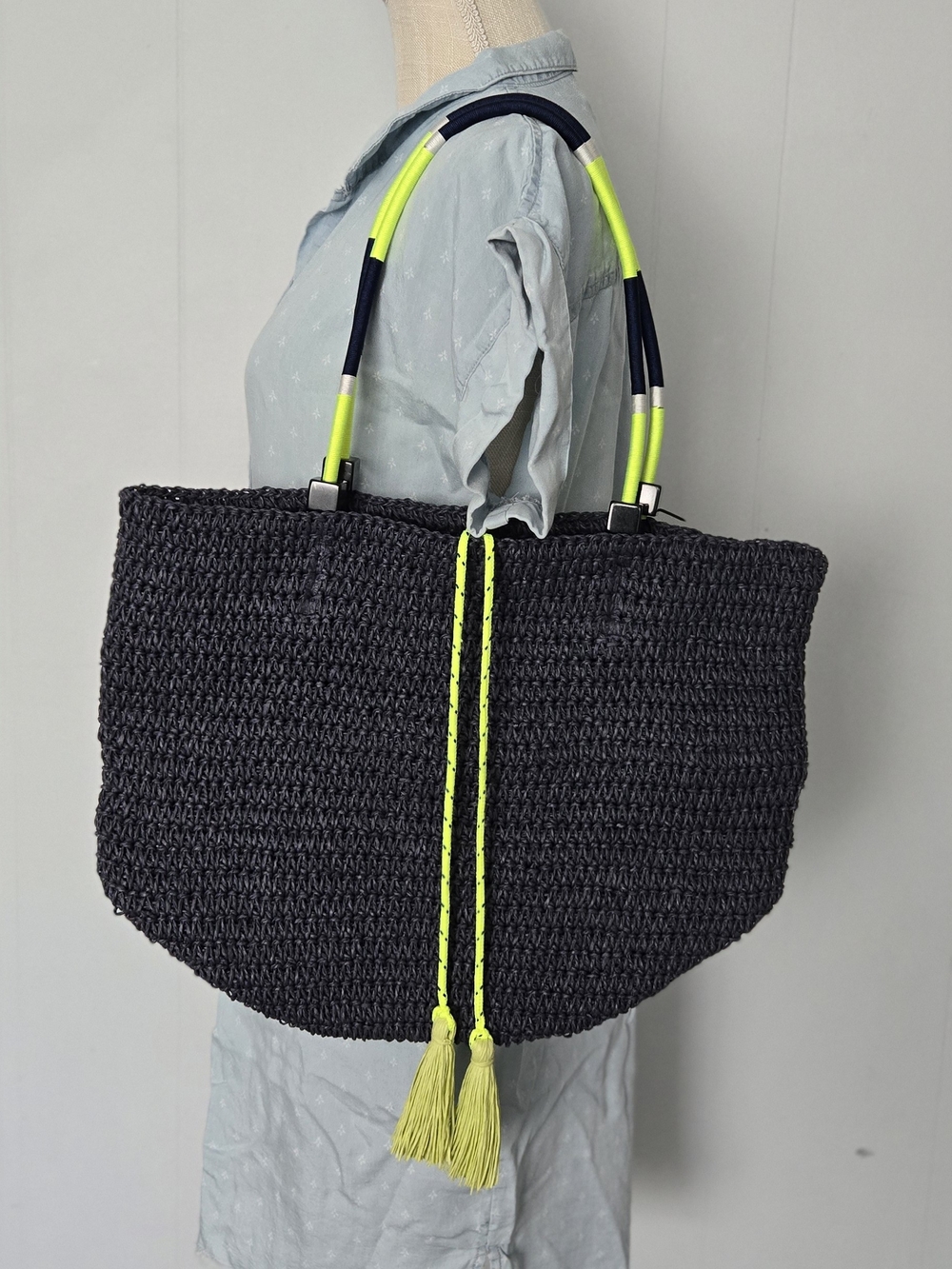 J. Crew Navy Woven Tote with Neon Yellow Tassels